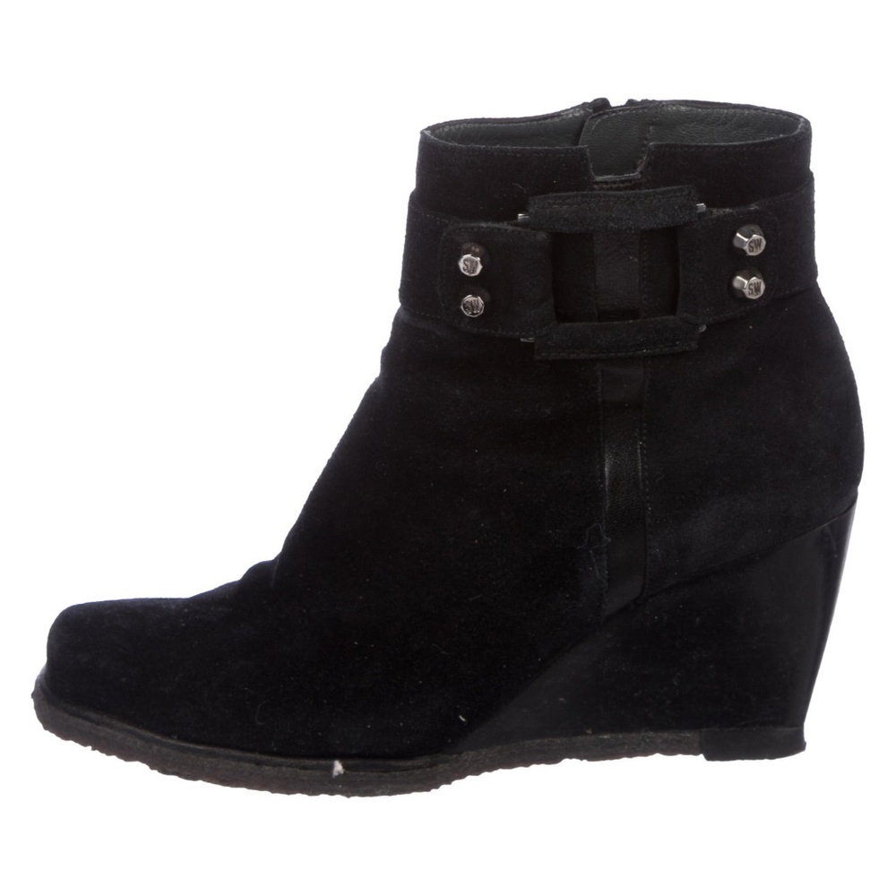 Stuart Weitzman Black Suede Moto Wedge Boots